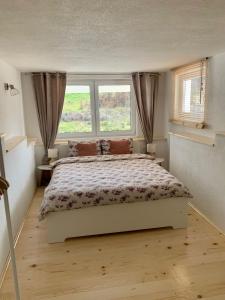 a bedroom with a large bed and two windows at Sokograd Entire House in Šipovo