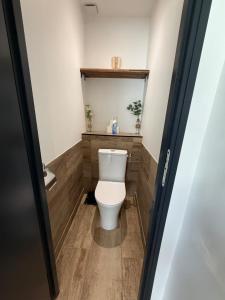 a bathroom with a toilet and a mirror at Family in Calais +21 photos