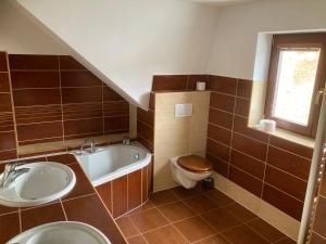 a bathroom with a sink and a toilet and a tub at Ubytování pod Nadymákem in Telč +32 photos