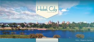 a banner for a hotel city with a view of a lake at Hotel City in Trelew