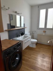 a bathroom with a washer and a sink and a toilet at Ferienhaus Alpenblick in Steinen