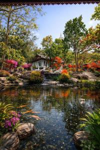 a garden with a pond in front of a house at โฮมสเตย์บ้านญาติมุกดาหาร in Ban Muang Ba