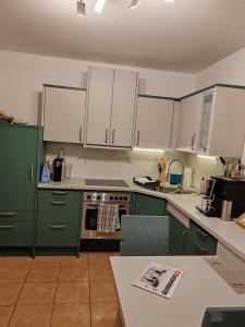a kitchen with green cabinets and a stove top oven at Haus Amsel am Heeder See in Heede