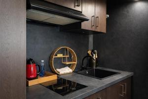 a kitchen counter with a sink and a mirror at Gîte de Linéa Centre de Loches in Loches