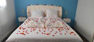 a bed with red rose petals on it at Île Dumet - Appt T2 cocooning - 2 à 4 pers. - Piscine & Spa in La Turballe +37 photos