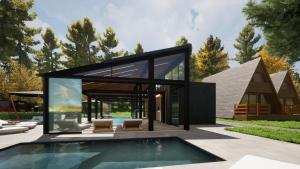 a glass house with a pool in front of it at Campus Karolina BRENNO in Brenno
