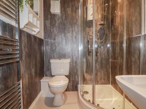 a bathroom with a toilet and a shower and a sink at Smugglers Cottage in Tintagel +18 photos