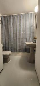 a bathroom with a toilet and a shower curtain at Departamento en Playa Las Cadenas in Algarrobo +15 photos