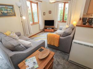 a living room with two couches and a tv at Two Hoots in Falmouth