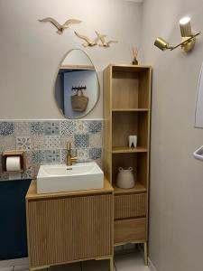 a bathroom with a sink and a mirror at Au rythme de Plume et Louna in Molompize +42 photos