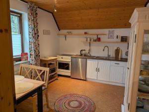 eine kleine Küche mit Spüle und Herd in der Unterkunft FeWo Opolt mit Sauna in Medebach