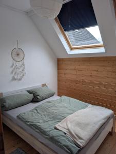 ein Schlafzimmer mit Bett und Dachfenster in der Unterkunft FeWo Opolt mit Sauna in Medebach