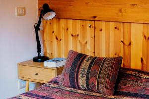 a bed with a lamp next to a wooden wall at Chalet Presanella in Temù +52 photos