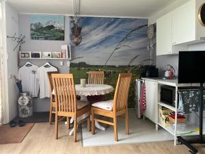 a kitchen with a table and chairs and a painting at Janka B&B in Elim