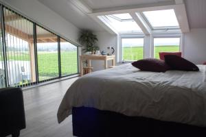 a bedroom with a large bed and large windows at Klein-Amerika in Groesbeek