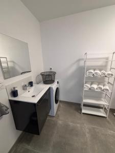 a bathroom with a washing machine and a sink at Le Clos des Embruns in Chassiron +26 photos