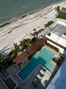 an overhead view of a swimming pool next to a beach at Chicxulub , oceanfront 3 recamaras in Chicxulub