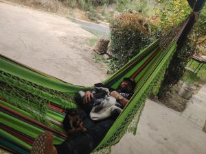 a man laying in a hammock with a dog at Salon de eventos cabaña el Chalet in Paipa