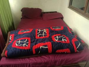 a bed with a blue and red blanket on it at Hotel Himalayan dews in Ukhimath