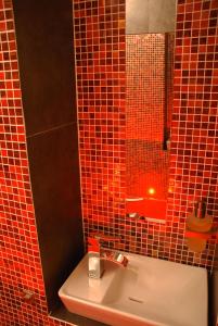 een badkamer met een wastafel, een spiegel en rode tegels bij Loft Vue Mer in Marseille +13 foto's