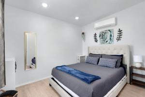 a bedroom with a bed with blue pillows and a mirror at The Container Retreat - 4A. in Canyon Lake