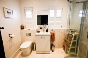 a bathroom with a toilet and a sink and a shower at Hythe House in Hythe +28 photos
