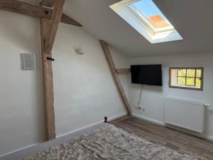 a living room with a skylight and a flat screen tv at Speicherstübchen im alten Speicher in Schönberg