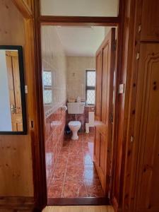 a bathroom with a toilet and a bath tub at Beautiful Beach Side Bungalow in Galway +19 photos