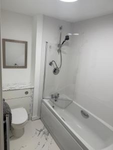 a white bathroom with a shower and a toilet at Neptune 27 in Swansea