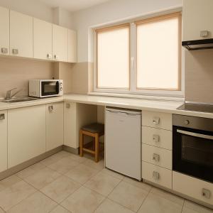a kitchen with white cabinets and a microwave at Nicolle Cozy Apartment in Piteşti