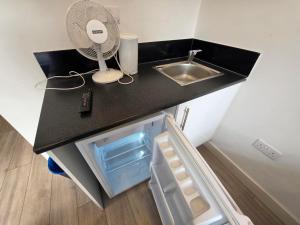 a kitchen counter with a sink and a refrigerator at Zesty Zen in Thornton Heath