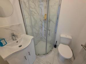 a bathroom with a shower and a toilet and a sink at Zesty Zen in Thornton Heath