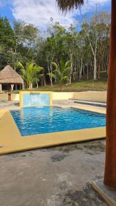 a swimming pool with blue water in a park at Hotel El Paraíso Calakmul - Jungle Experience in Xpujil