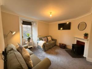 a living room with a couch and a fireplace at 1 Bron Rhedyn Holiday Cottage in Betws-y-coed