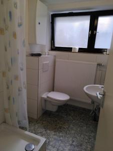 a small bathroom with a toilet and a sink at Zimmer 12 in Gomadingen