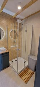 a shower with a glass enclosure in a bathroom at TomHouse in Skorochow +9 photos