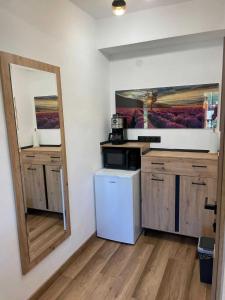 a kitchen with a washer and dryer in a room at Somni Apartamente in Chinteni