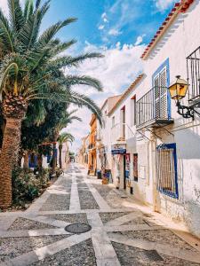 an empty street with a palm tree and buildings at CEAM Tabarca in Tabarca