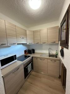 a small kitchen with wooden cabinets and a sink at Piazzetta Montecampione in Pian Camuno +2 photos