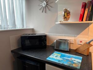 a microwave sitting on top of a kitchen counter at Roseus and Mimosa Cottages in Combe Martin