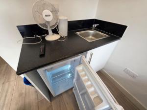 a kitchen counter with a sink and a refrigerator at Brigstock 4 in Thornton Heath