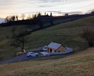 a house and a car parked in a field at Holzhaus Riegersburg in Riegersburg