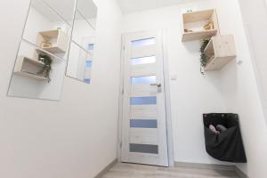 a hallway with a white door and a mirror at Apartmán Denisa in Rokytnice nad Jizerou +43 photos