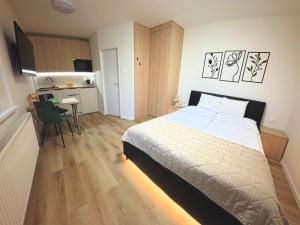 a bedroom with a bed and a desk and a kitchen at Studio Ariel in Veľký Meder