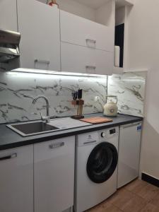 a kitchen with a washing machine and a sink at Zakątek Spokoju in Toruń