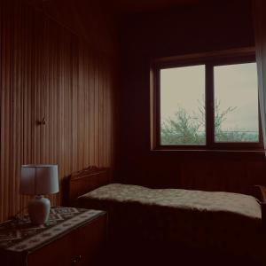 a dark room with a bed and a window at Brick House Melodies in Tsqaltubo +4 photos
