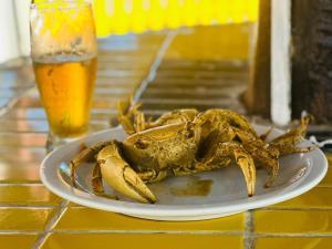 a crab on a plate next to a glass of beer at A queridinha do Orange in Itamaracá