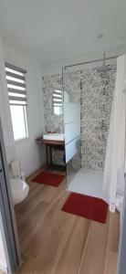 a bathroom with a glass shower and a toilet at Studio85 in La Gaubretière