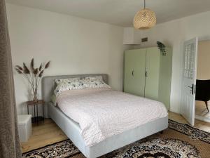 a bedroom with a bed and a green cabinet at zelena khata in Sopot