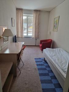 a hotel room with a bed and a desk and chair at Dorotea Logi B&B in Dorotea